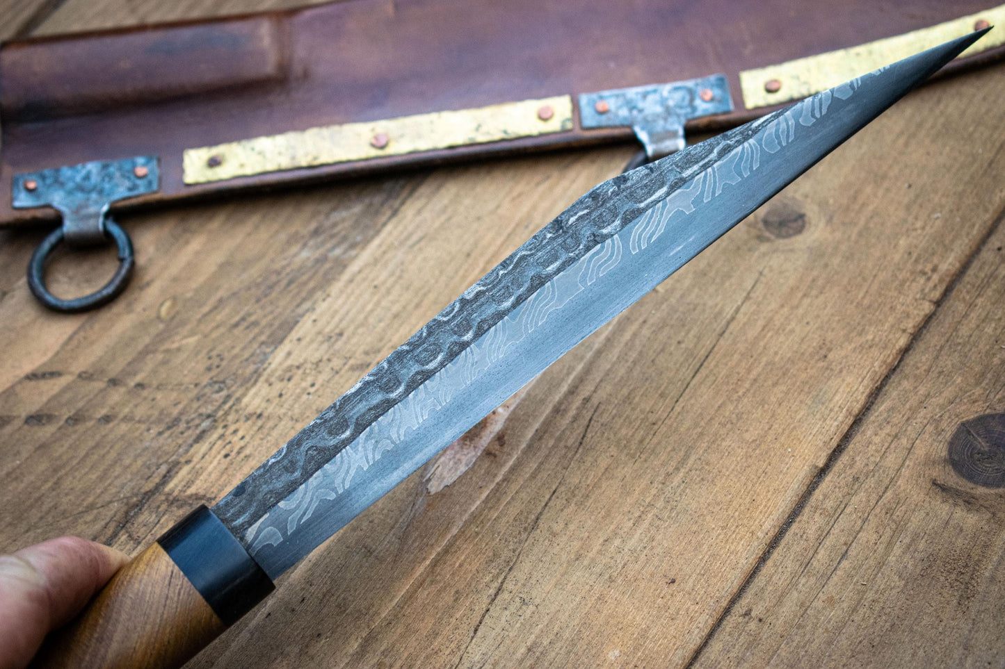 Handcrafted Multi-Bar Forge-Welded Viking/Anglo-Saxon Seax Knife with Sheath – Historical Reproduction from Pitstone Forge